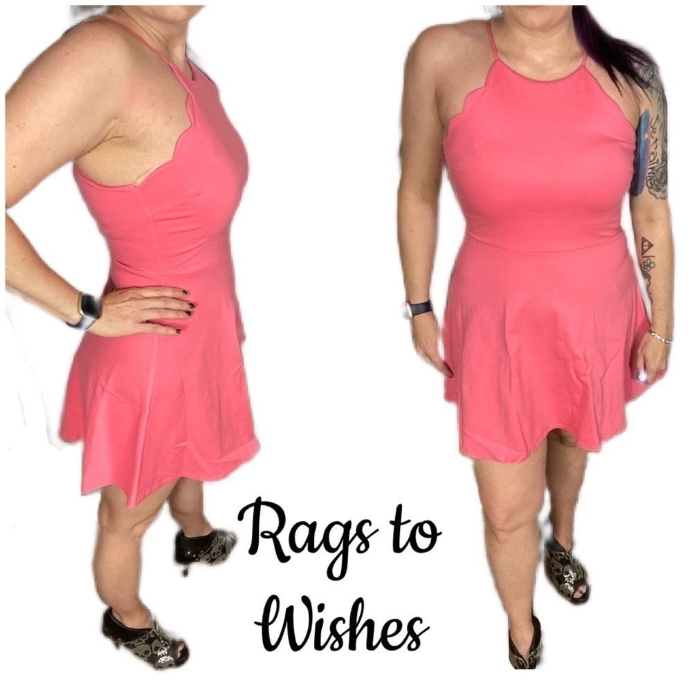 Rags to Wishes pink scalloped trim a-line dress fit & flare. Stretchy high neck